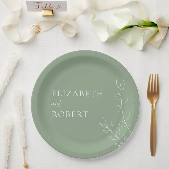Floral Sage Wedding Script Elegant Minimal Simple Paper Plate (Wedding)