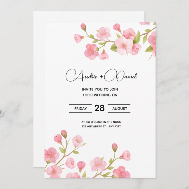 Floral Sakura Cherry Wedding Invitation Card (Front/Back)