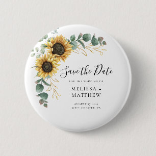 Floral Save the Date Eucalyptus Sunflower 6 Cm Round Badge