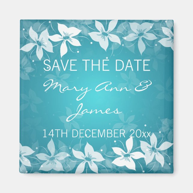 Floral Save The Date Exotic Blooms Blue Magnet (Front)