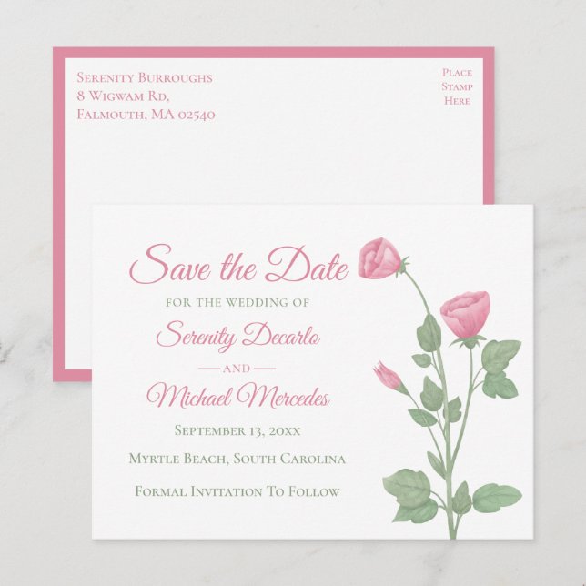 Floral Save the Date Pink Spring Flowers Wedding Announcement Postcard (Front/Back)