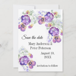 Floral save the date purple pansies invitation