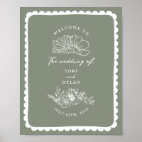 Floral Scalloped Border Sage Green Wedding Welcome