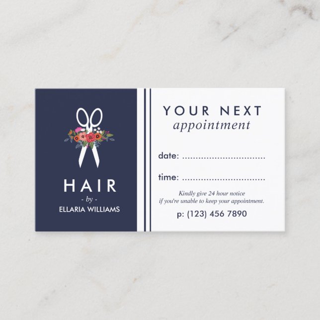 Floral Scissor Navy Blue Hair Stylist Appointment Card (Front)