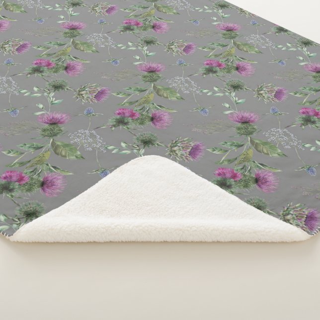 Floral Scottish Thistle Grey Pattern Sherpa Blanket (3/4)