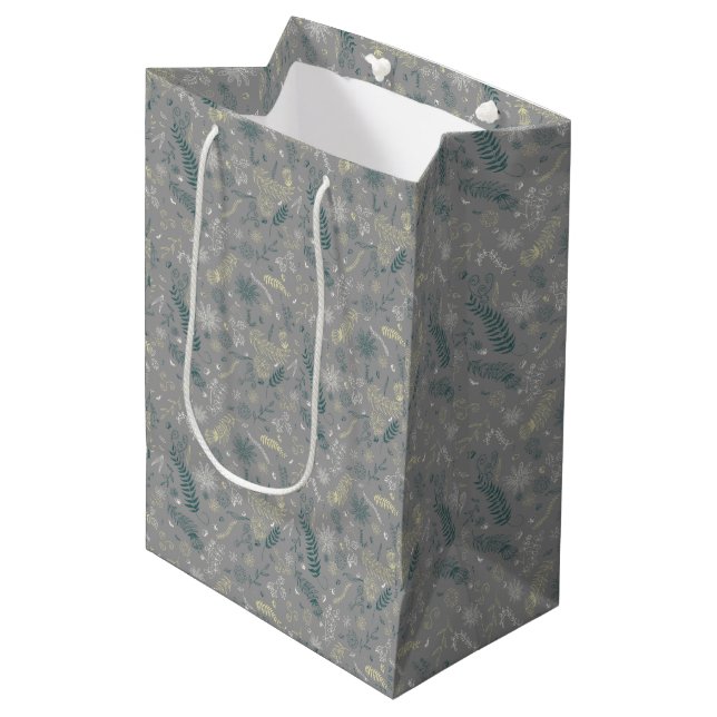 Floral scribbles on grey medium gift bag (Front Angled)