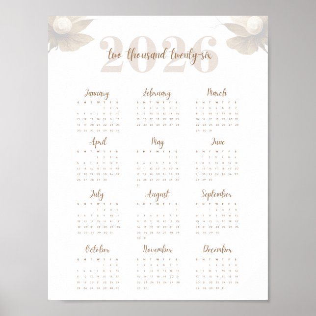 Floral Script 2026 One-Page Calendar Elegant  Poster (Front)