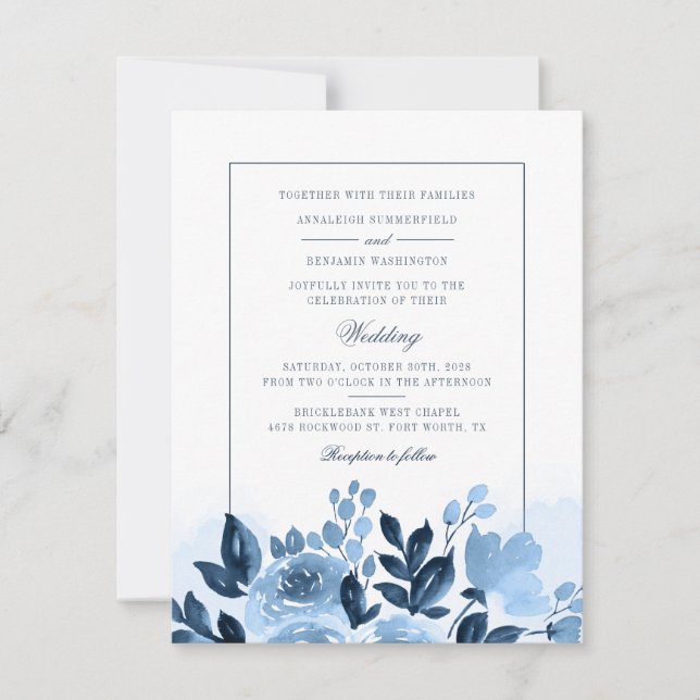 Floral Script Blue Watercolor Botanical Wedding Invitation (Front)