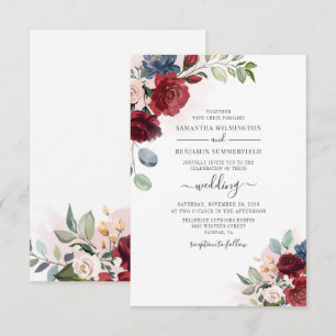 Floral Script Burgundy Botanical Modern Wedding Invitation