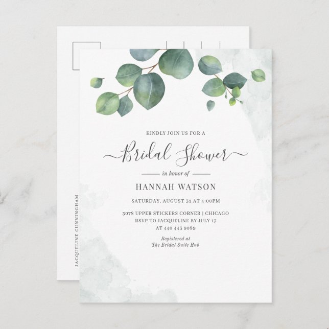 Floral Script Eucalyptus Greenery Bridal Shower Invitation Postcard (Front/Back)