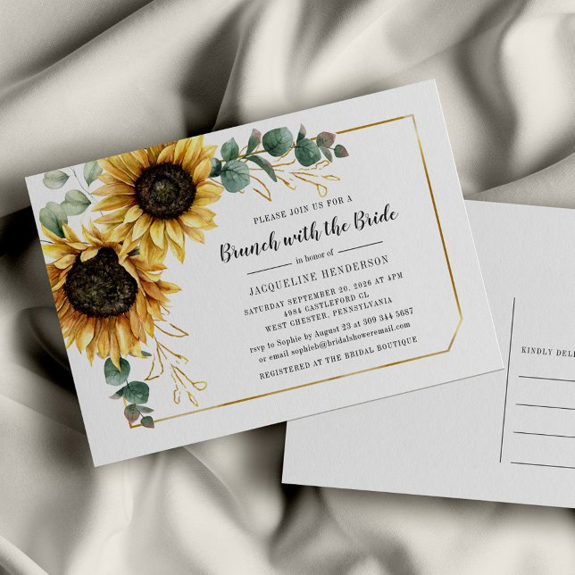 Floral Script Eucalyptus Sunflower Bridal Brunch Invitation Postcard (Floral Sunflower Eucalyptus Brunch with the Bride Bridal Shower Invitation)