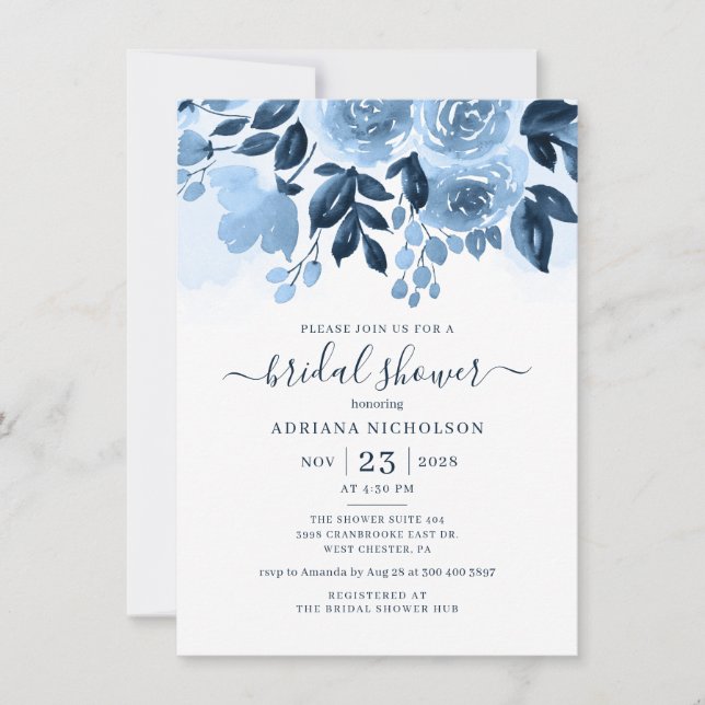 Floral Script Navy Blue Watercolor Bridal Shower Invitation (Front)