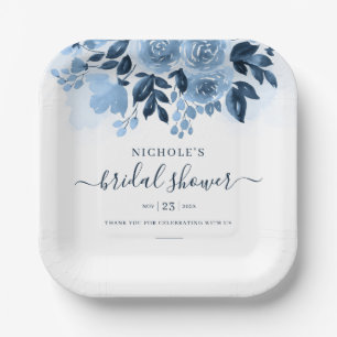 Floral Script Navy Blue Watercolor Bridal Shower Paper Plate