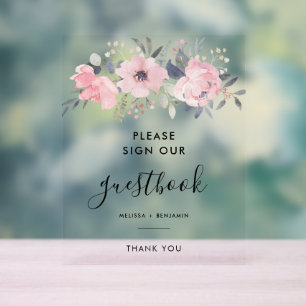 Floral Script Pink Watercolor Wedding Guestbook Acrylic Sign