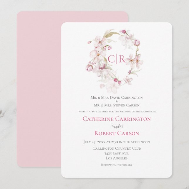 Floral Script Pink Watercolor Wedding Invitation (Front/Back)
