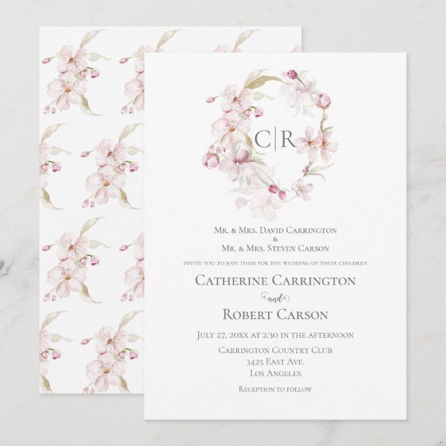 Floral Script Pink Wedding Invitation (Front/Back)
