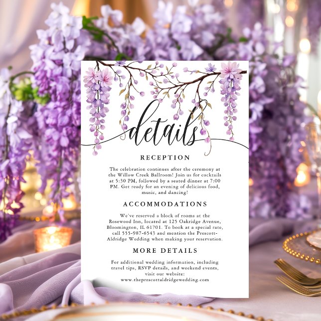 Floral Script Purple Wisteria Calligraphy Details Enclosure Card (Creator Uploaded)