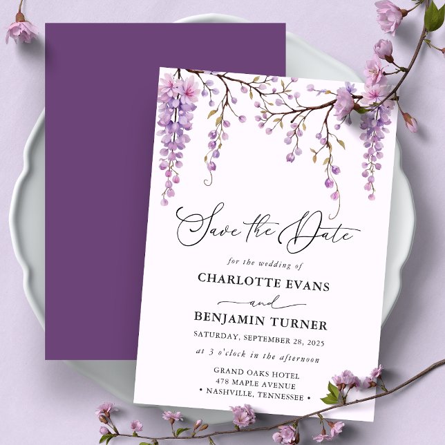 Floral Script Purple Wisteria Save The Date Card (Creator Uploaded)