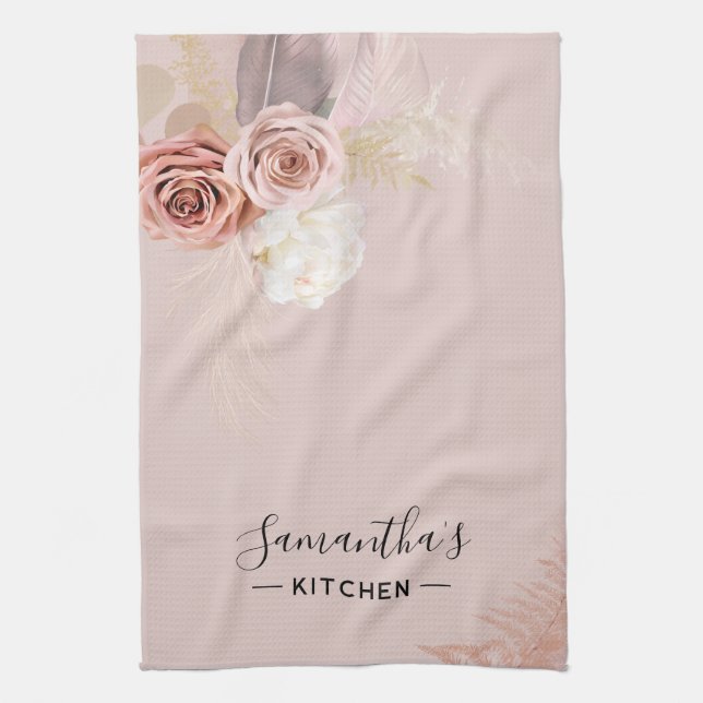 Floral Script Terracotta Personalized Tea Towel (Vertical)