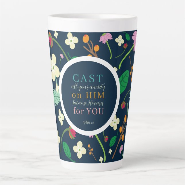 Floral Scripture 1 Peter 5:7 Latte Mug (Front)