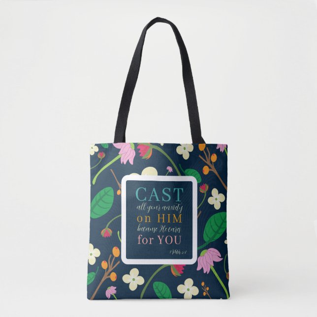 Floral Scripture 1 Peter 5:7 Tote Bag (Front)