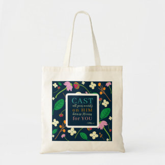 Floral Scripture 1 Peter 5:7 Tote Bag