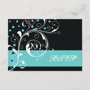 Floral scroll leaf black, aqua wedding RSVP Card