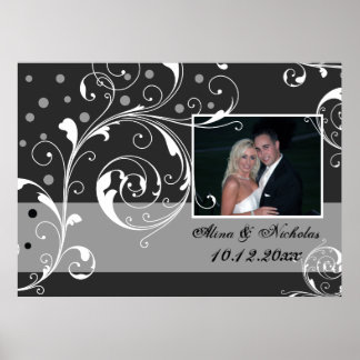 Floral scroll leaf black, grey wedding photo poster