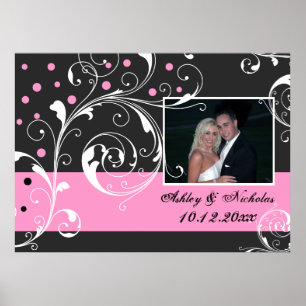 Floral scroll leaf black pink wedding photo poster