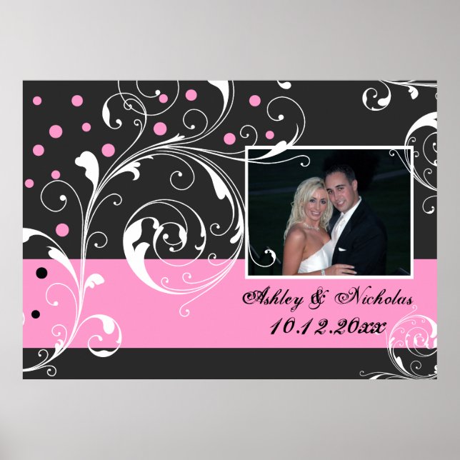 Floral scroll leaf black pink wedding photo poster (Front)