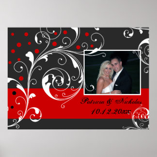 Floral scroll leaf black, red wedding photo poster