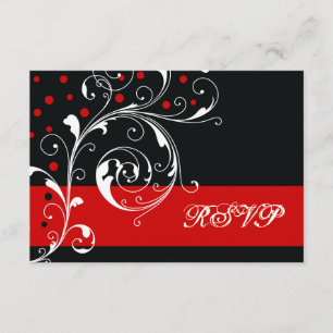 Floral scroll leaf black, red wedding RSVP