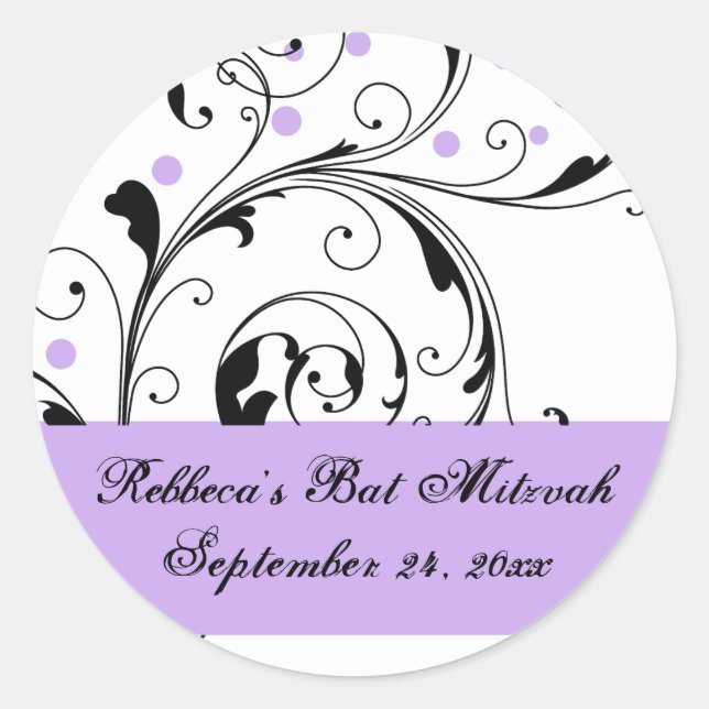 Floral scroll leaf black, white purple Bat Mitzvah Classic Round Sticker (Front)