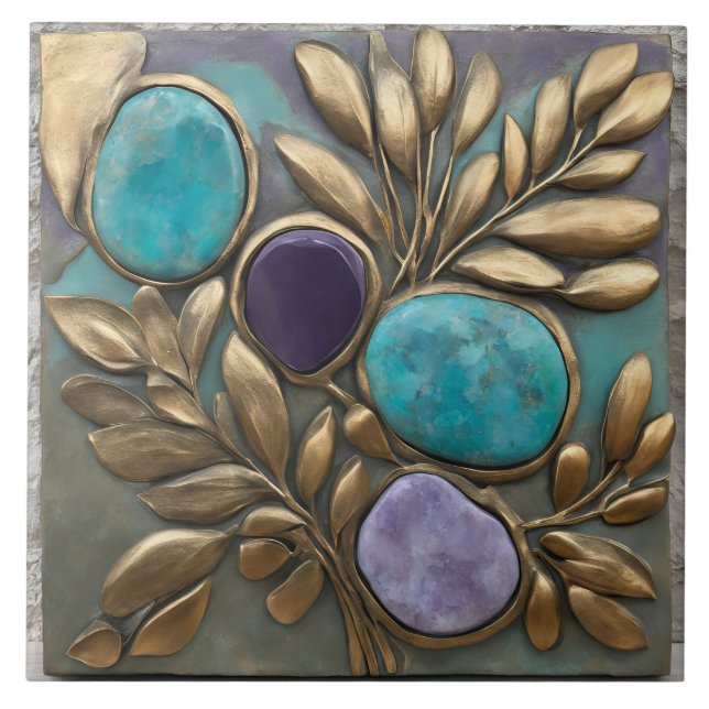 Floral Sculpture in Turquoise, Gold and purple Ceramic Tile (Front)