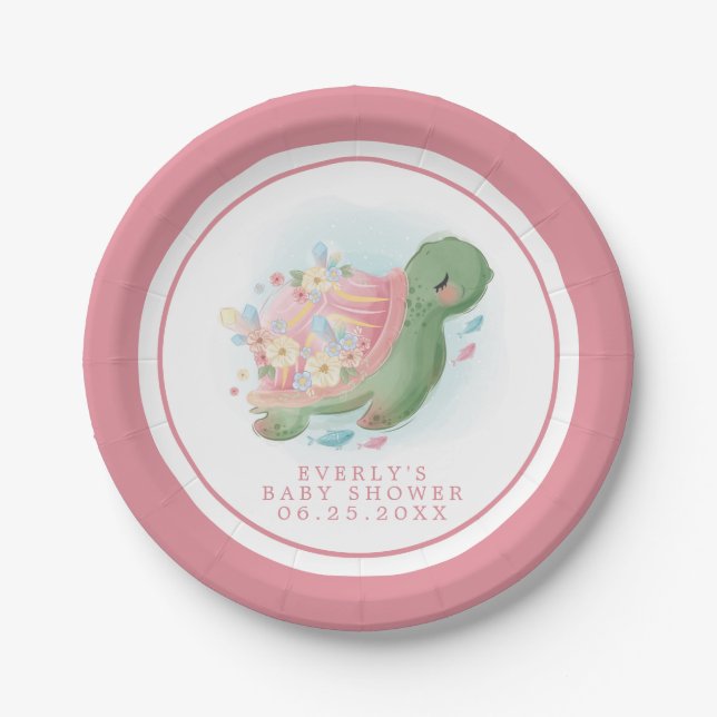 Floral Sea Turtle Pink Baby Shower Paper Plate (Front)