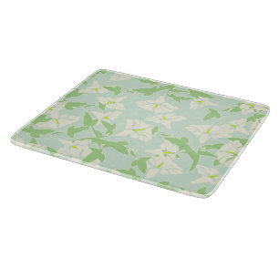 Floral Seafoam Green And White Glass Cutting Board