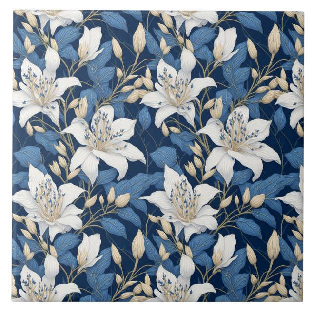 Floral Seamles Pattern Big Liliy White Blue Leaves Ceramic Tile (Front)