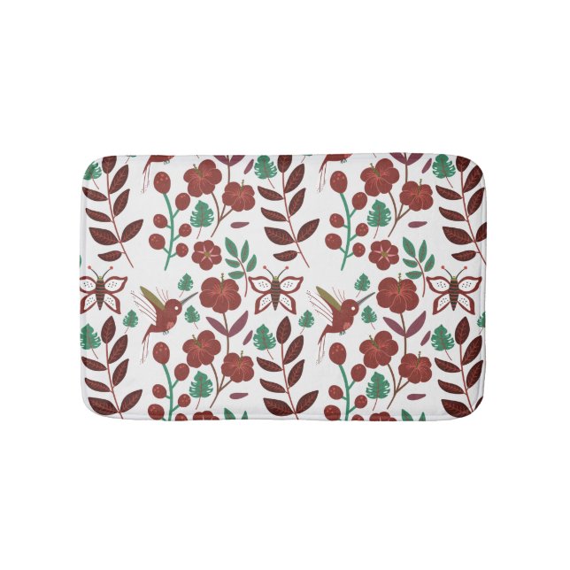 Floral seamless pattern birds and butterflies bath mat (Front)