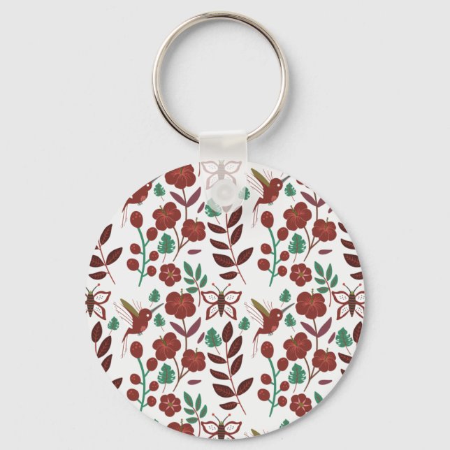 Floral seamless pattern birds and butterflies key ring (Front)