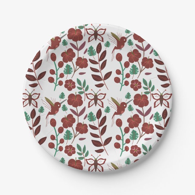 Floral seamless pattern birds and butterflies paper plate (Front)