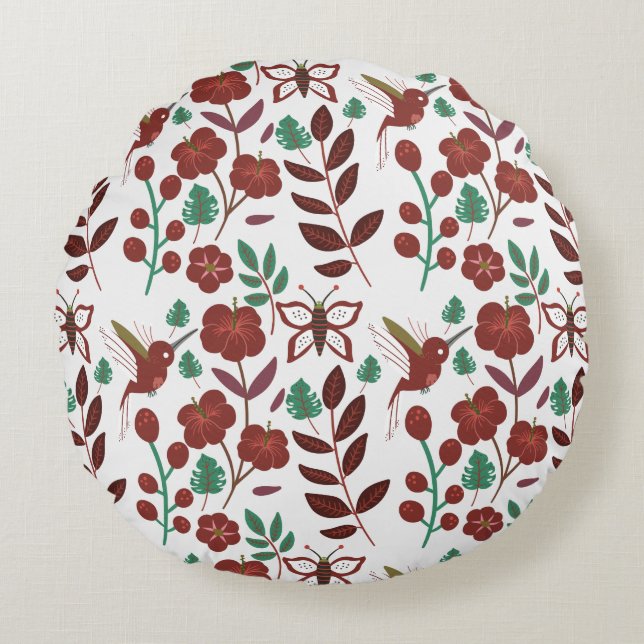 Floral seamless pattern birds and butterflies round cushion (Front)