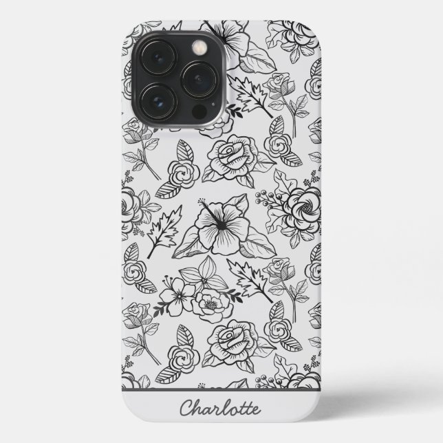Floral seamless pattern black & white personalised iPhone case (Back)