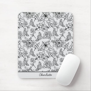 Floral seamless pattern black & white personalised mouse pad