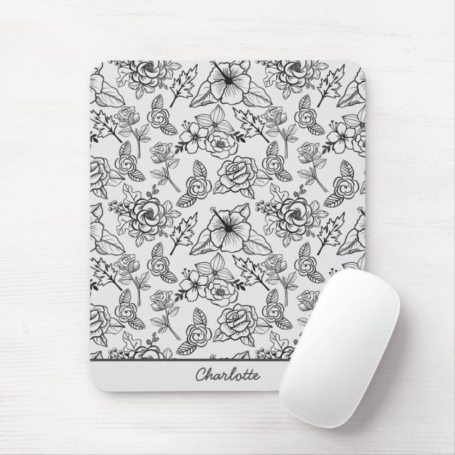 Floral seamless pattern black & white personalised mouse pad (With Mouse)