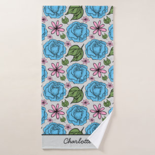 Floral seamless pattern blue & pink personalised bath towel