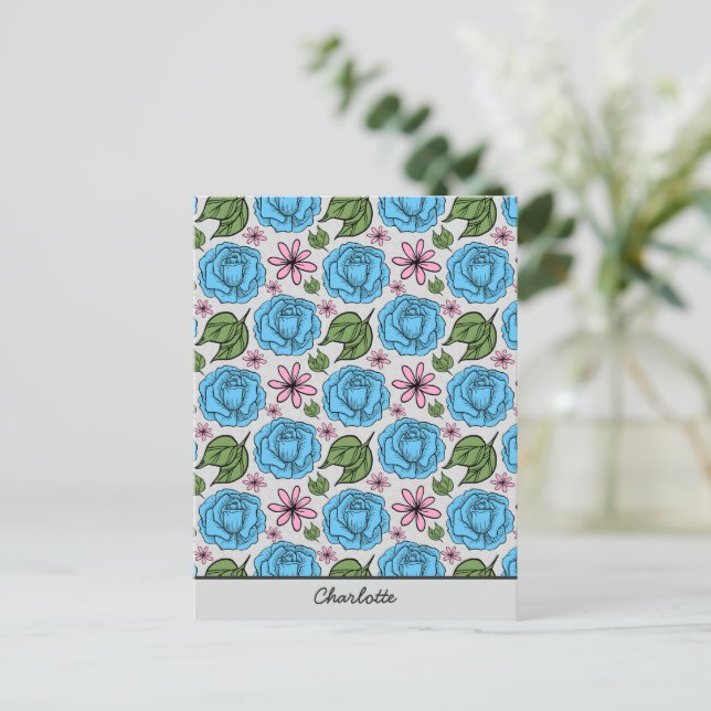 Floral seamless pattern blue & pink personalised  postcard (Standing Front)