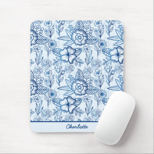 Floral seamless pattern blue white personalised mouse pad