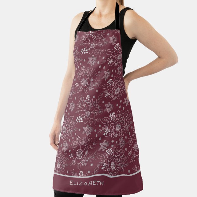 Floral seamless pattern burgundy personalised name apron (Insitu)