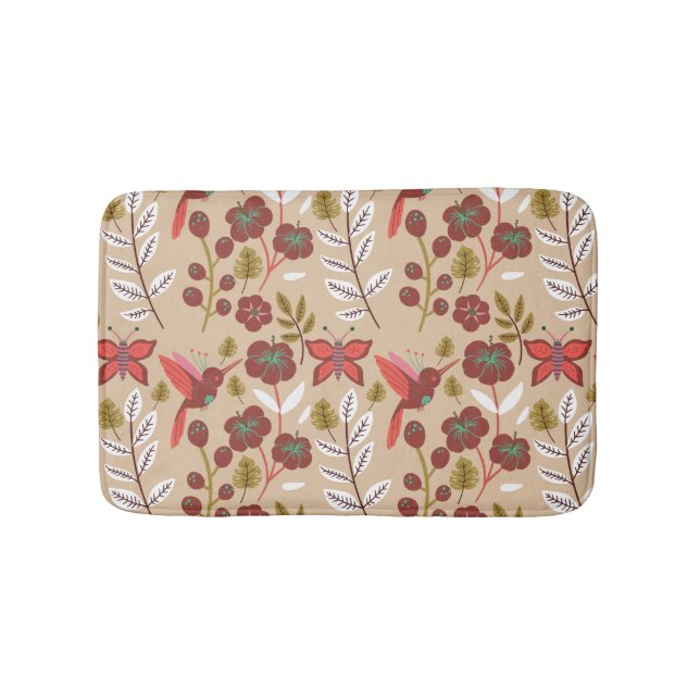 Floral seamless pattern flowers, birds, butterfly bath mat (Front)