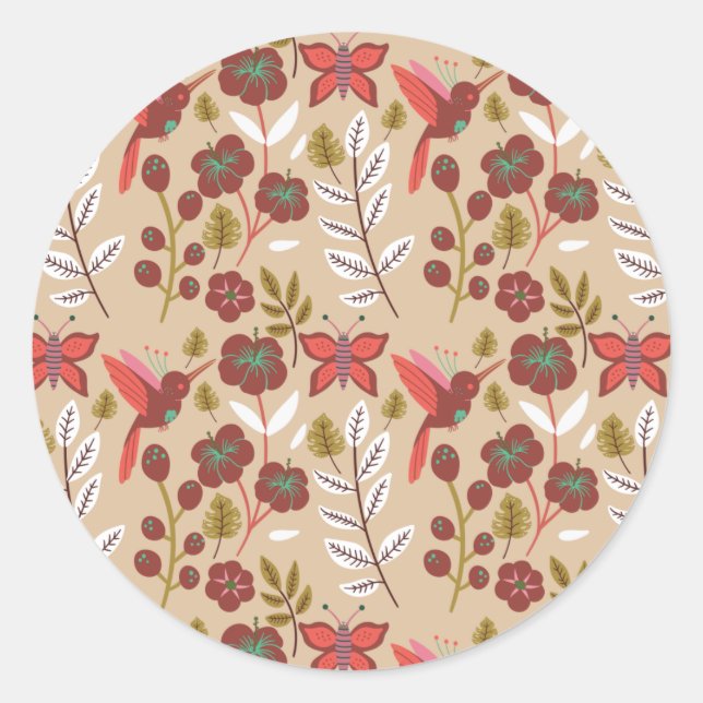 Floral seamless pattern flowers, birds, butterfly classic round sticker (Front)